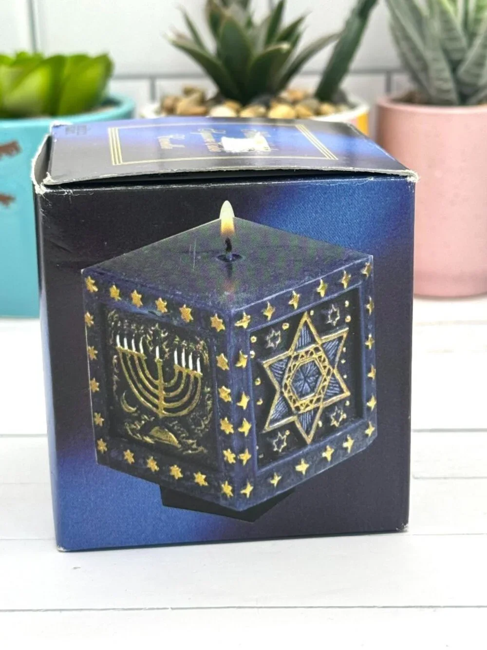 Hanukkah Square Cube Candle With Star Of David & Menorah Design